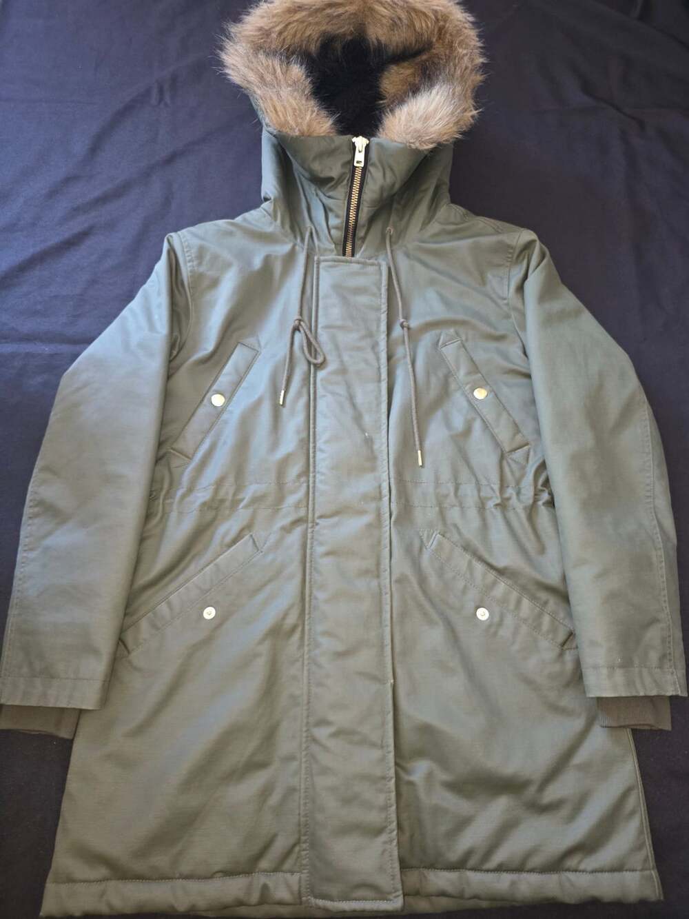 J.Crew Perfect Winter Parka Faux Fur Hood Olive Green Petite Small PS